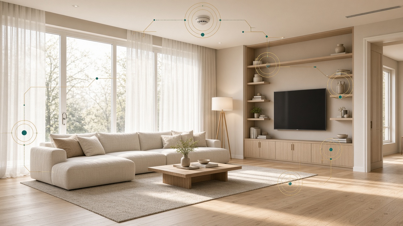 Bright living room with inspection markers on typical hiding places
